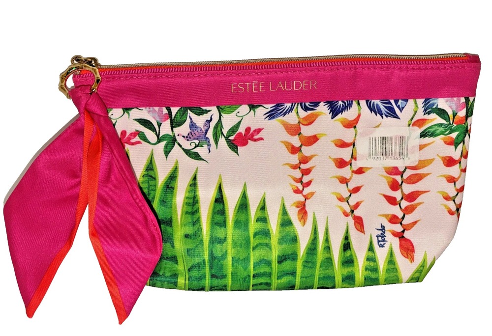 ESTEE LAUDER Makeup Cosmetics Bag Pink Floral Leaf Plant Art Print Top Zip NEW